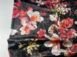 Silke look velour - print med smukke blomster på sort bund